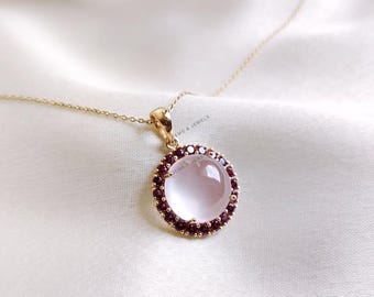 Natural Rose Quartz & Rhodolite Garnet Pendant, 14K Solid Yellow Gold Jewelry