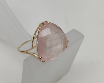 14K Solid Gold Natural Rose Quartz Ring: Trillion Gemstone, January Birthstone