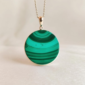 Natural Malachite Pendant, 14K Solid Yellow Gold Malachite Pendant, May Birthstone Pendant, Round Bezel Pendant, Malachite Jewelry