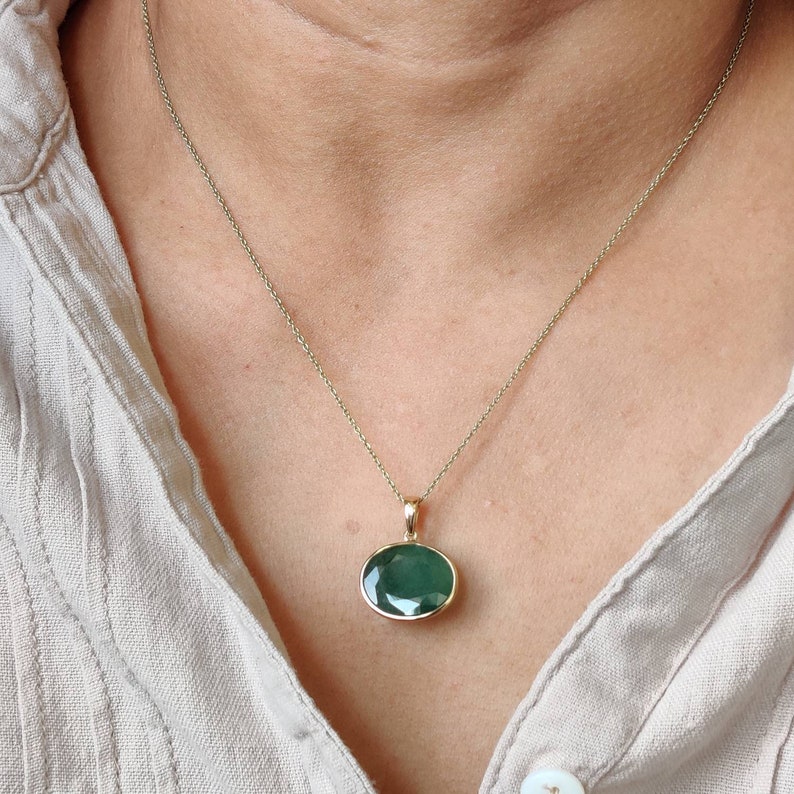 Natural Emerald Pendant, 14K Solid Yellow Gold Emerald Pendant, Solid Gold Pendant Necklace, May Birthstone, Christmas Gift, Emerald Jewelry image 3