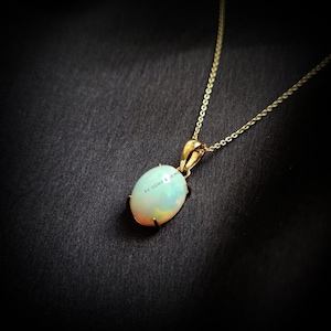 Natural Ethiopion White Opal Pendant, 14K Solid Yellow Gold Opal Pendant, October Birthstone Pendant, Iridescent Opal Pendant,Christmas Gift