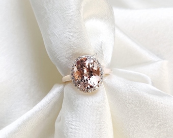 Anillo de morganita natural y diamantes, anillo de compromiso de oro amarillo macizo de 14 quilates