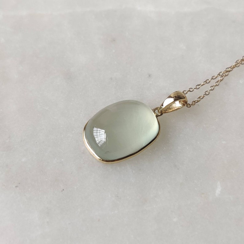 Natural Prehnite Pendant, 14K Solid Gold Prehnite Pendant, Solid Gold Pendant, October Birthstone, Prehnite Bezel Pendant, Christmas Gift image 6