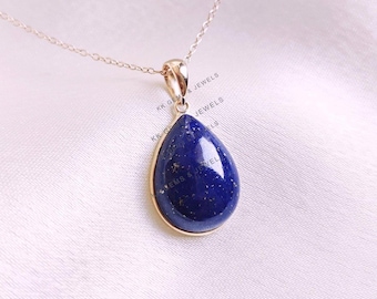 14K Solid Yellow Gold Natural Lapis Lazuli Pear Pendant, September Birthstone