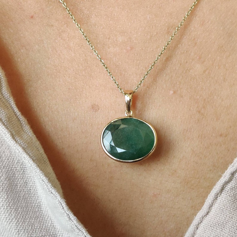 Natural Emerald Pendant, 14K Solid Yellow Gold Emerald Pendant, Solid Gold Pendant Necklace, May Birthstone, Christmas Gift, Emerald Jewelry image 2
