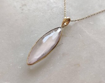 Natural Rose Quartz Pendant, 14K Solid Yellow Gold Quartz Pendant, January Birthstone, Christmas Gift, Bezel Pendant, Rose Quartz Jewelry