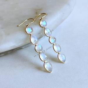 Natural Rainbow Moonstone Earrings, 14K Solid Yellow Gold Earrings, June Birthstone, Bezel Earrings, Moonstone Jewelry, Christmas Gift