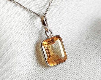 Emerald Cut Natural Citrine Pendant, 14K Solid White Gold, November Birthstone
