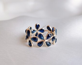 14K Solid Gold Natural Blue Sapphire Flower Infinity Ring, September Birthstone