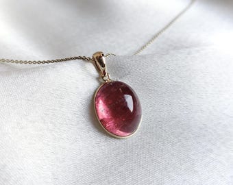 14K Solid Yellow Gold Natural Pink Tourmaline Pendant, October Birthstone