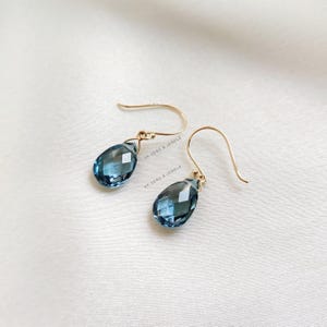 Natural London Blue Topaz Earrings, 14K Solid Yellow Gold Drop Earrings, Pear Briolette Earrings, December Birthstone, Blue Topaz Jewelry