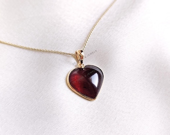 Natural Garnet Heart Pendant, 14K Solid Yellow Gold Pendant, Red Garnet Jewelry, January Birthstone Pendant, Christmas Present