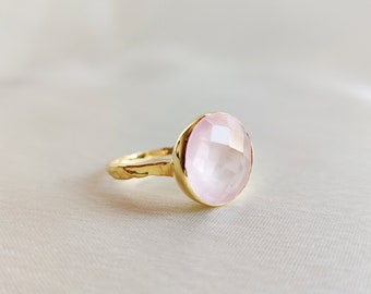 Natural Rose Quartz Ring, 14K Solid Yellow Gold Ring, Rose Quartz Jewelry, January Birthstone Ring, Valentine's Day Present