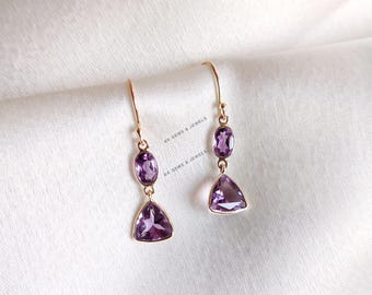 14K Solid Gelbgold Natürliche Lila Amethyst Ohrringe, Februar Geburtsstein
