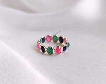 Natural Ruby, Emerald & Sapphire 14K Solid Gold Eternity Ring, Christmas Gift