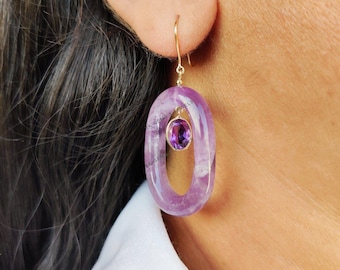 Natürliche lila Amethyst 14K Gelbgold Ohrringe, Februar Geburtsstein