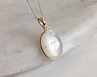 Natural White Moonstone Pendant, 14K Solid Yellow Gold White
