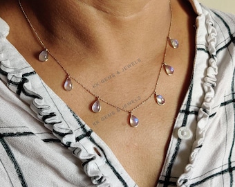 14K Solid Gold Natural Rainbow Moonstone Necklace, June Birthstone