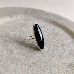 Natural Black Onyx Ring, 14k Solid Yellow Gold Black Onyx Ring, Bezel Ring, December Birthstone, Oblong oval Ring, Black Onyx Jewelry