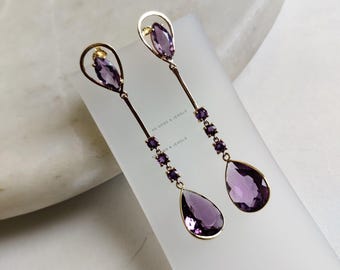 14K Gelbgold natürliche lila Amethyst Tropfen Ohrringe, Februar Geburtsstein