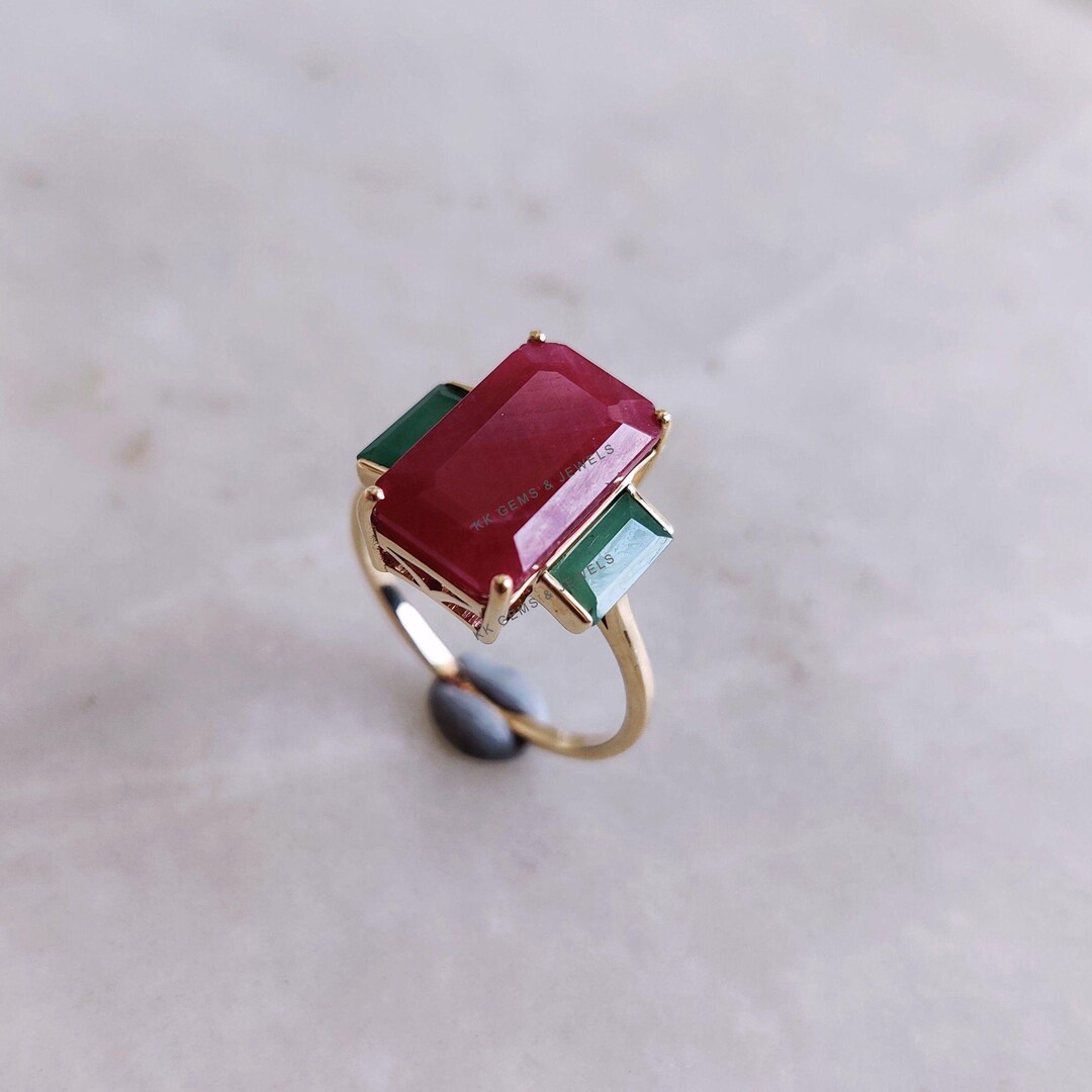 Natural Ruby & Emerald 14K Solid Yellow Gold Ring, July May Birthstone ...