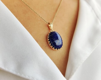 14K Solid Yellow Gold Natural Lapis Lazuli Pendant, September Birthstone