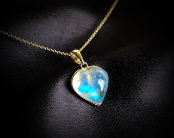 14K Solid Gold Natural Rainbow Moonstone Heart Pendant, June Birthstone