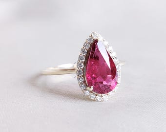 Natural Rubellite Tourmaline & Diamond 14K Solid Yellow Gold Ring, October Birthstone, Wedding Gift