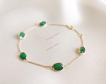 Pulsera de esmeralda natural, pulsera de esmeralda en oro macizo de 14 quilates, pulsera delicada con bisel de esmeralda, pulsera con piedra de nacimiento de mayo, joyería de esmeralda