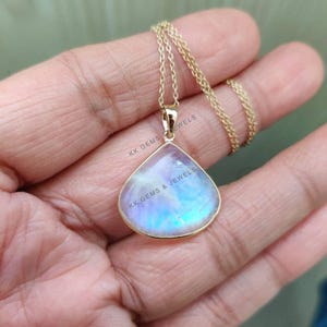 Natural Rainbow Moonstone Pendant, 14K Solid Gold Moonstone Pendant, Blue Moonstone Jewelry, June Birthstone Pendant