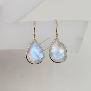 Natural Rainbow Moonstone Earrings, 14K Solid Yellow Gold Moonstone Earrings , June Birthstone, Blue Moonstone Jewelry, Valentine Day&#39;s Gift