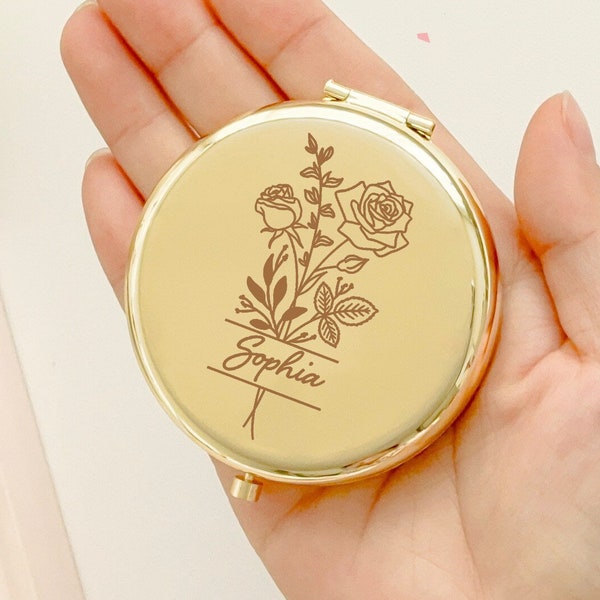 Miroir compact personnalisé avec fleur de naissance, proposition de demoiselle d'honneur, miroir de poche gravé, cadeau d'anniversaire, cadeau prénom personnalisé, cadeau enterrement de vie de jeune fille