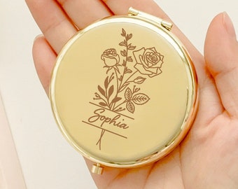 Miroir compact personnalisé avec fleur de naissance, proposition de demoiselle d'honneur, miroir de poche gravé, cadeau d'anniversaire, cadeau prénom personnalisé, cadeau enterrement de vie de jeune fille