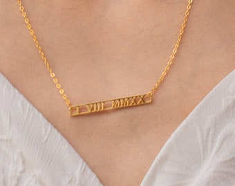 Benutzerdefinierte römische Ziffer Halskette, Gold Bar Halskette, römische Nummer Halskette, Jahr Halskette, Geburtstag Halskette, Datum Halskette, Hochzeitsgeschenk