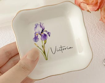 Personalised Birth Flower Trinket Dish/ Custom Watercolor Flower Ring Dish/ Wedding Bridesmaid Gift/ Birthday Jewelry Dish/ Christmas Gifts