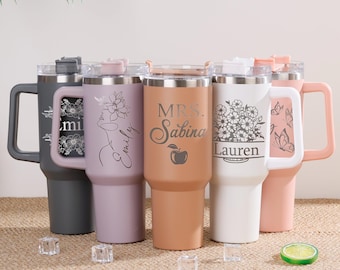 Personalized Floral 40oz Tumbler with Name/ Bachelorette Cup/ Custom 40oz Tumbler with Handle & Straw/ Bridesmaid Proposal/ Mothers Day Gift