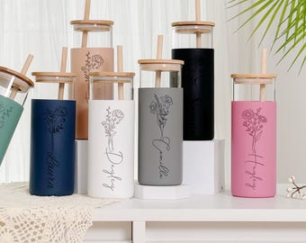 Personalized Engraved Birth Flower Tumbler With Name/ Birth Flower Glass With Silicone Sleeve/ Coffee Cup/ Party Favor/ Bridesmaid Proposal