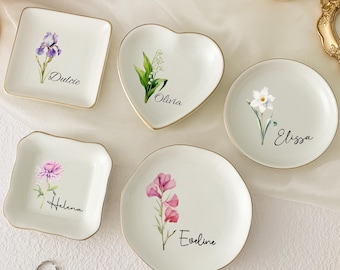 Personalised Birth Flower Trinket Dish/ Custom Watercolor Flower Ring Dish/ Christmas Gifts/ Wedding Bridesmaid Gift/ Birthday Jewelry Dish
