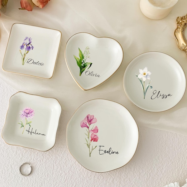 Personalisierte Geburt Blume Schmuckstück Schale / benutzerdefinierte Aquarell Blume Ring Schale / Weihnachtsgeschenke / Hochzeit Brautjungfer Geschenk / Geburtstag Schmuckschatulle