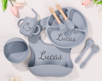 Personalized Silicone Baby Weaning Set/ Baby Plate Set with Name/ Baby Feeding Set/ Baby Shower Gifts/ Engraved Silicone Bib for Toddler