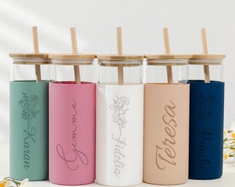 Personalized Engraved Birth Flower Tumbler With Name/ Birth Flower Glass With Silicone Sleeve/ Coffee Cup/ Bridesmaid Proposal/ Party Favor
