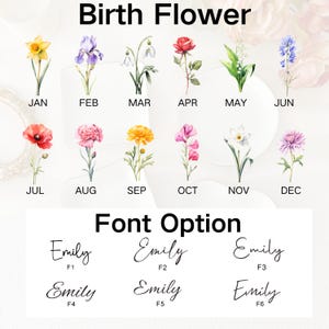 May include: A graphic featuring twelve birth flowers, each representing a month of the year, with the month's name below. Below the flowers are six font options with the name "Emily" in different styles. The text "Birth Flower" and "Font Option" are at the top.