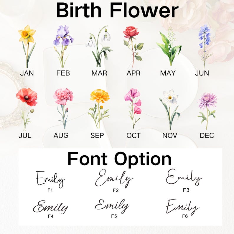 May include: A graphic featuring twelve birth flowers, each representing a month of the year, with the month's name below. Below the flowers are six font options with the name "Emily" in different styles. The text "Birth Flower" and "Font Option" are at the top.