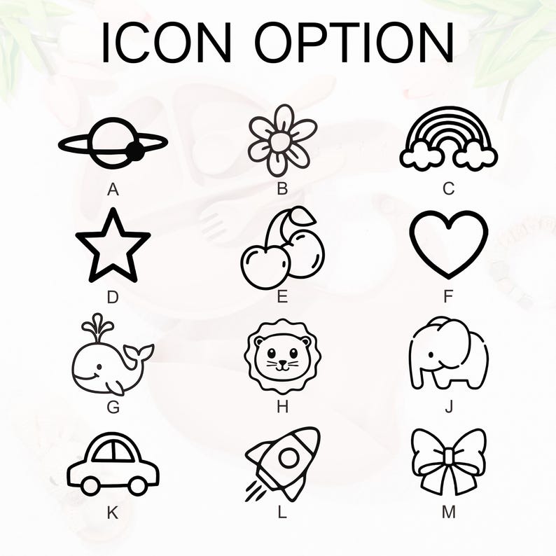 May include: A white background displays black line art icons, including a planet, flower, rainbow, star, cherries, heart, whale, lion, elephant, car, rocket, and bow. The text "ICON OPTION" is at the top.