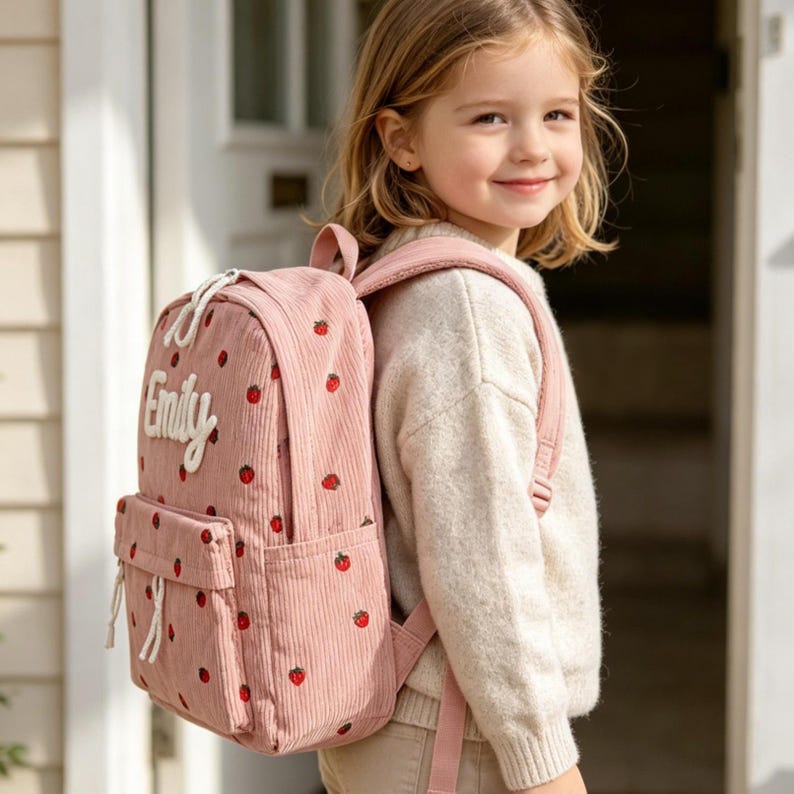 Puede incluir: Mochila de pana rosa con bordados de fresas rojas. La mochila tiene el nombre "Emily" bordado en blanco. Cuenta con un bolsillo frontal y correas ajustables. Ideal para la escuela.