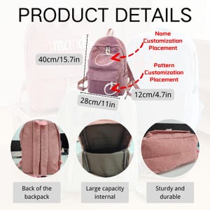 Puede incluir: Mochila de pana rosa polvoriento, de 40 cm de alto, 28 cm de ancho y 12 cm de profundidad. Incluye un bolsillo frontal, una gran capacidad interna y un dise&ntilde;o resistente y duradero. El texto "PRODUCT DETAILS" est&aacute; en la parte superior.