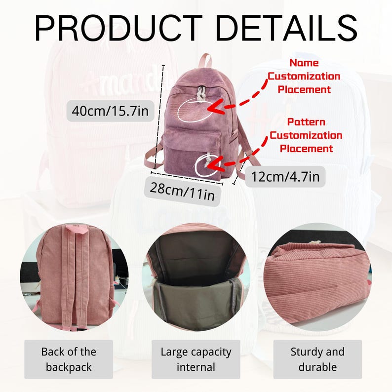 Puede incluir: Mochila de pana rosa polvoriento, de 40 cm de alto, 28 cm de ancho y 12 cm de profundidad. Incluye un bolsillo frontal, una gran capacidad interna y un dise&ntilde;o resistente y duradero. El texto "PRODUCT DETAILS" est&aacute; en la parte superior.