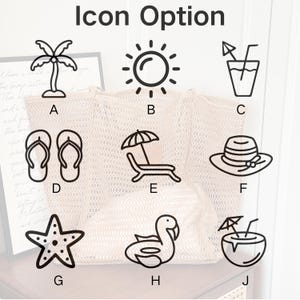 May include: A light pink mesh tote bag with various black line art icons, including a palm tree, sun, drink, flip-flops, beach chair, hat, starfish, swan, and coconut drink. The text "Icon Option" is at the top.
