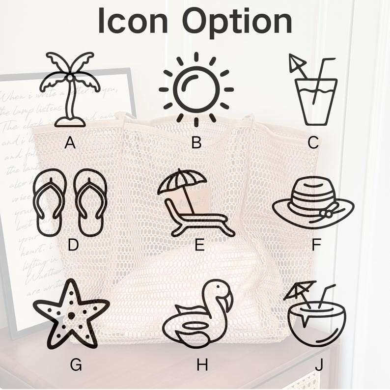 May include: A light pink mesh tote bag with various black line art icons, including a palm tree, sun, drink, flip-flops, beach chair, hat, starfish, swan, and coconut drink. The text "Icon Option" is at the top.