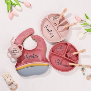 May include: A set of baby feeding essentials in pink and red hues. Includes a bib, divided plates, cups, and wooden utensils. The bib and plates are personalized with names. The utensils have the names engraved on them.